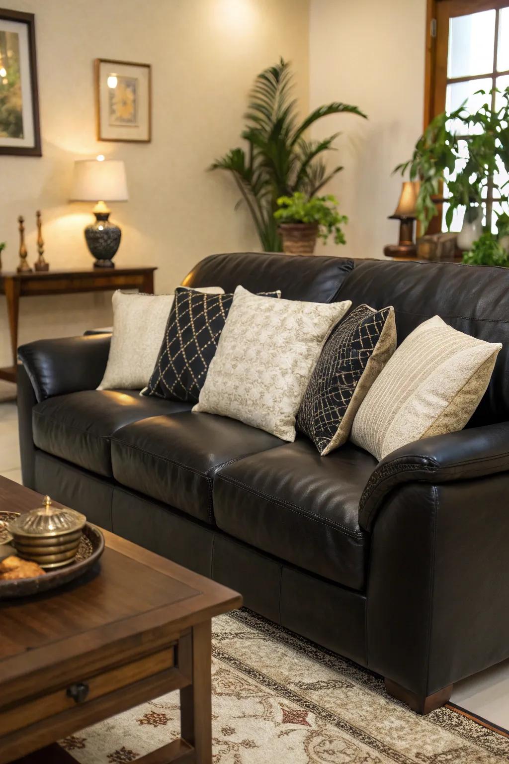 A combination of leather and silk textiles adds dimension to the ebony and ivory decor.