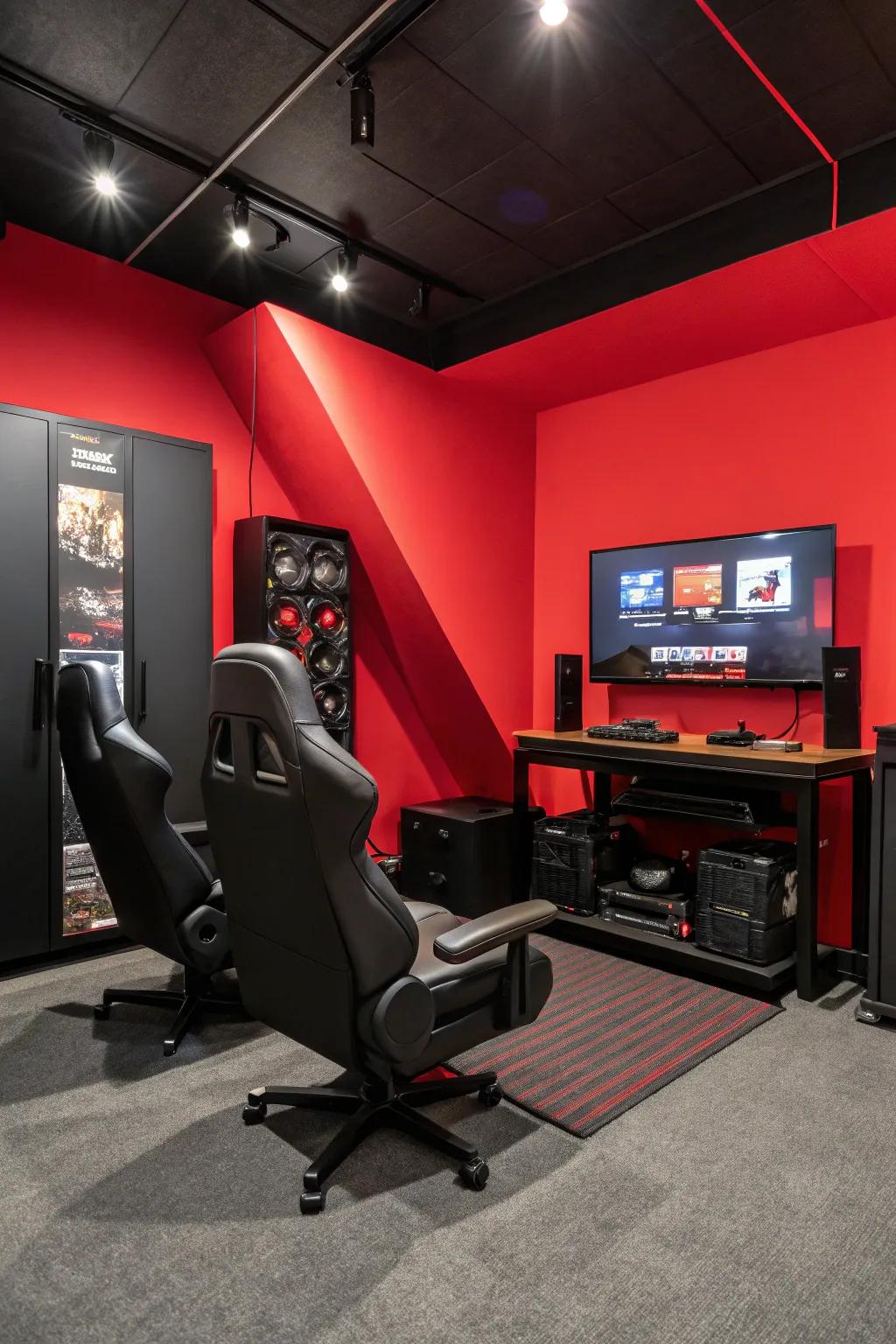 A bold red accent wall adds dimension and contrast to a black gaming room.
