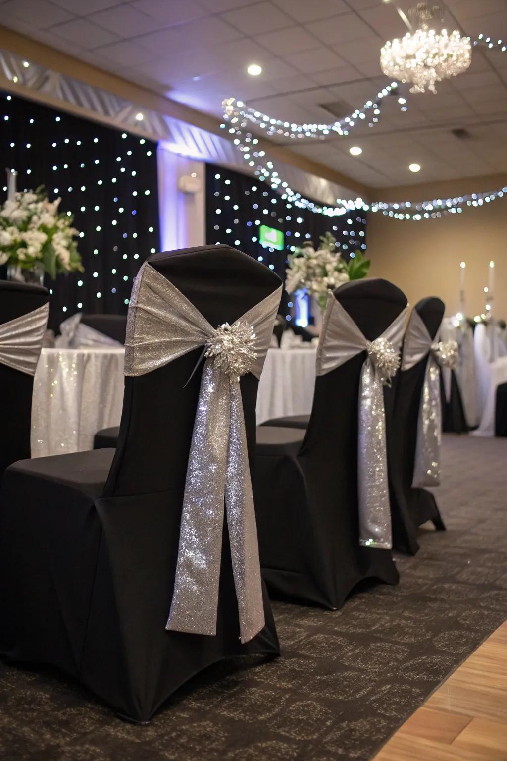 Elegant chair wraps with silver ribbons for added elegance.