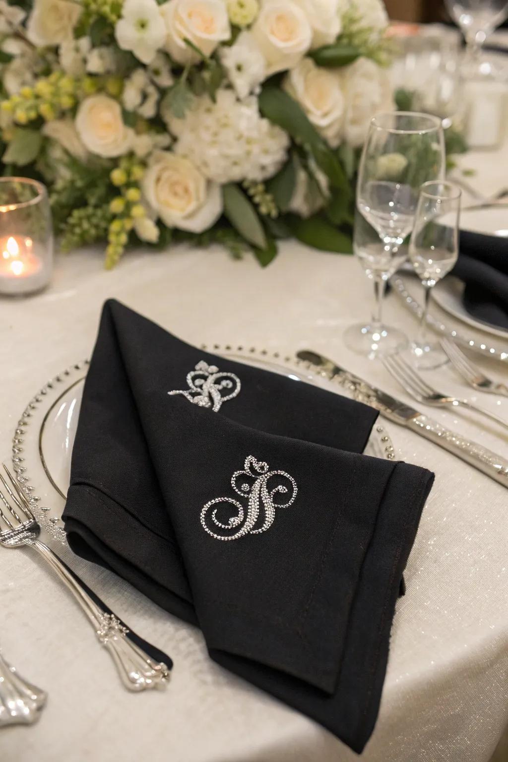Personalized coal napkins showcasing shimmer monograms.