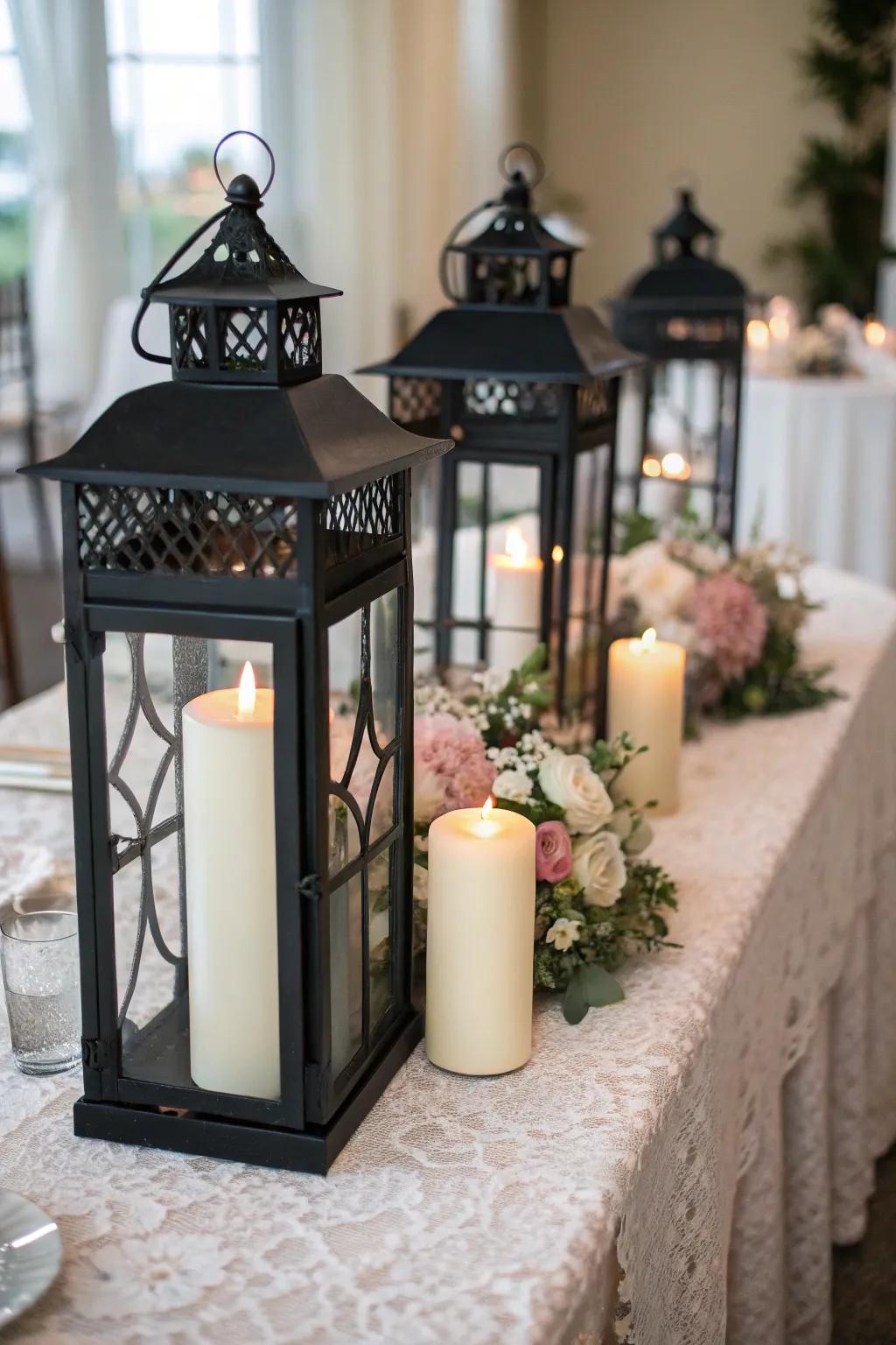 Ebony lanterns with ivory wax lights establish a warm, welcoming ambiance.