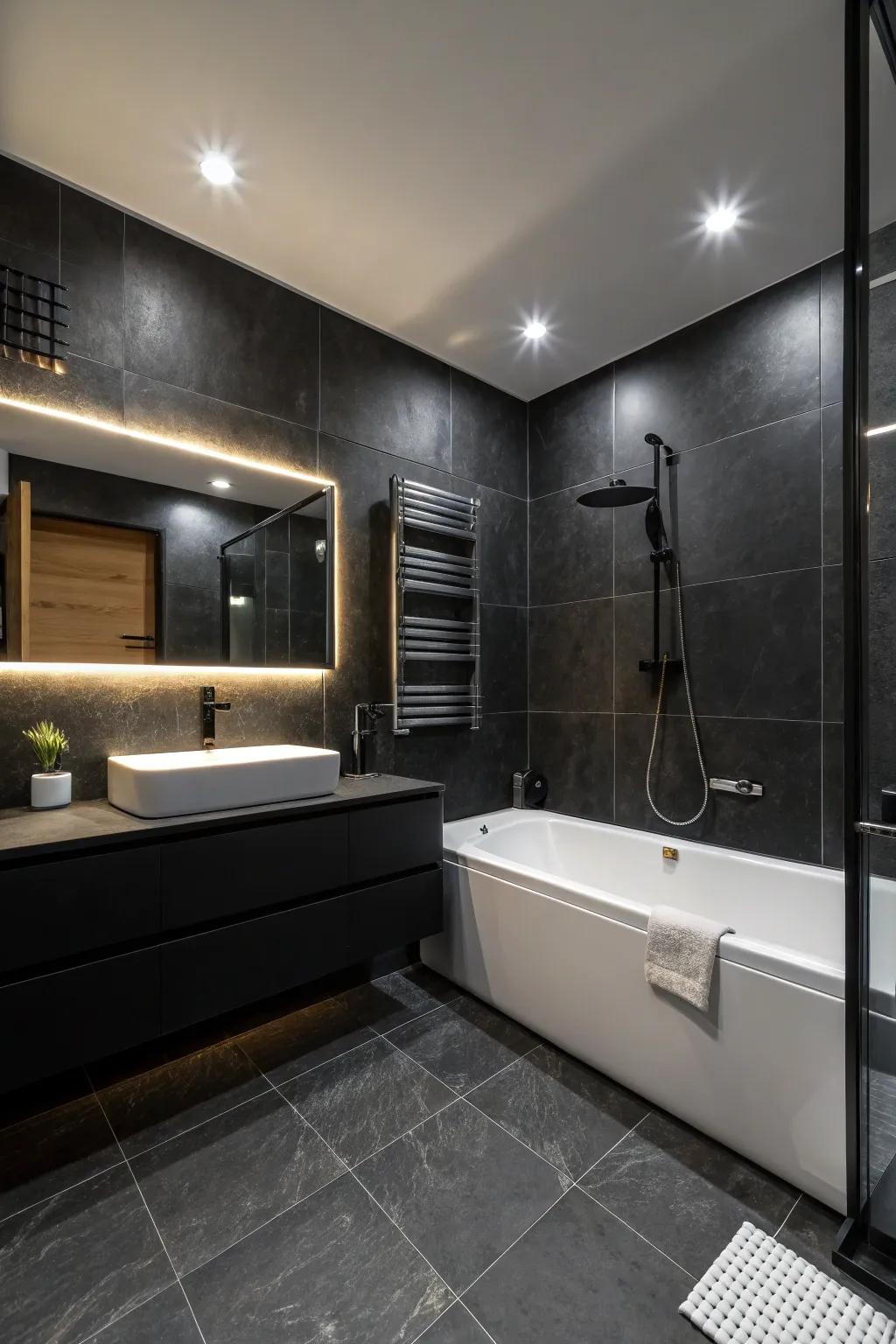 Planned illumination enhances the drama of a total-darkness restroom.