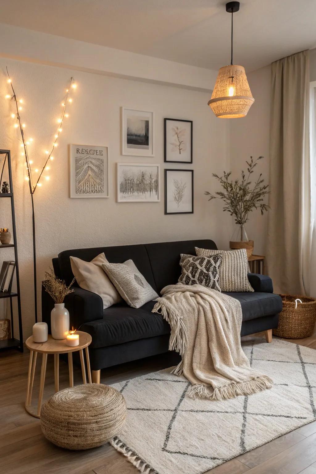 Scandinavian simplicity with a dark-toned sofa.