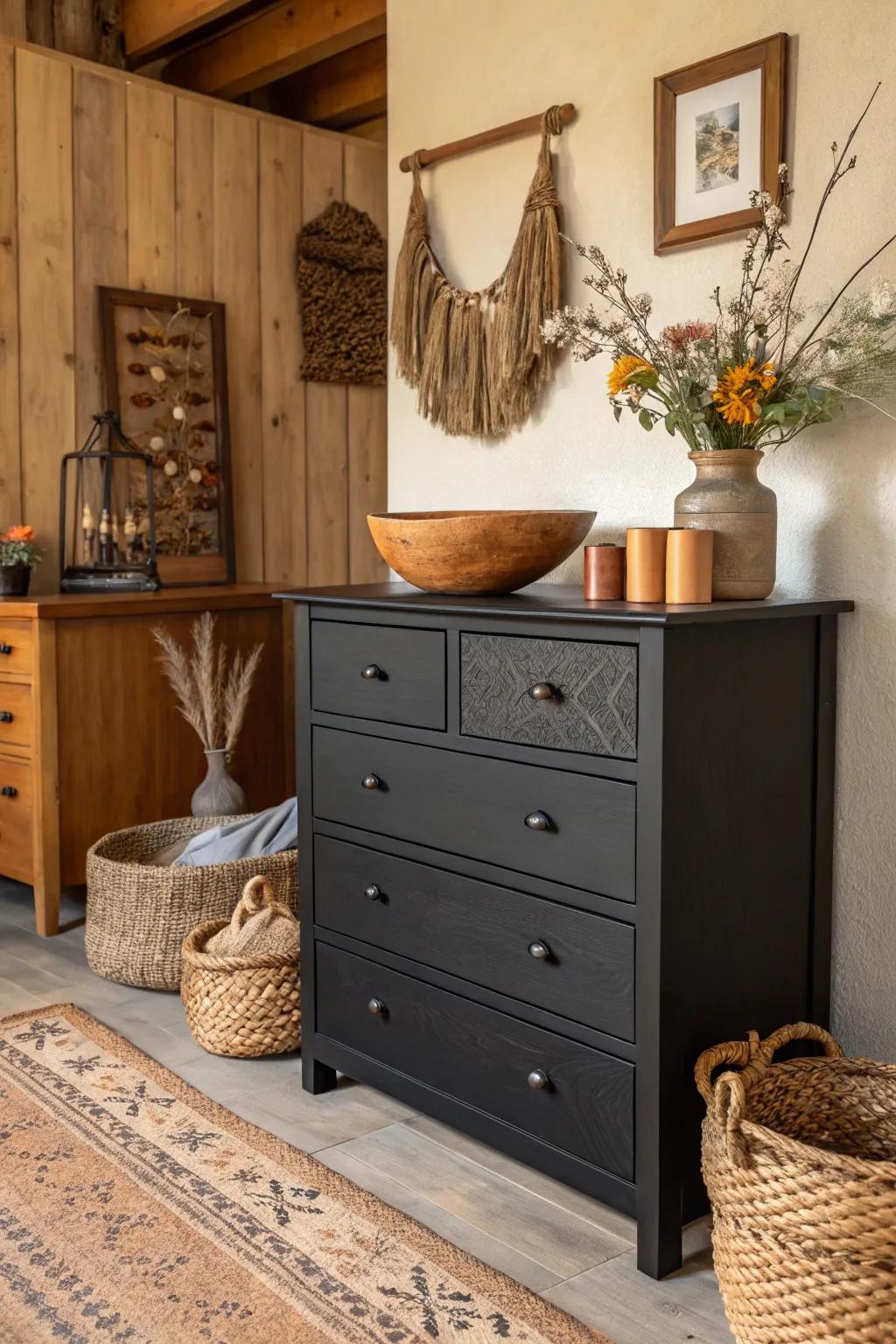 A rustic and elegant black dresser setup with wooden elements.