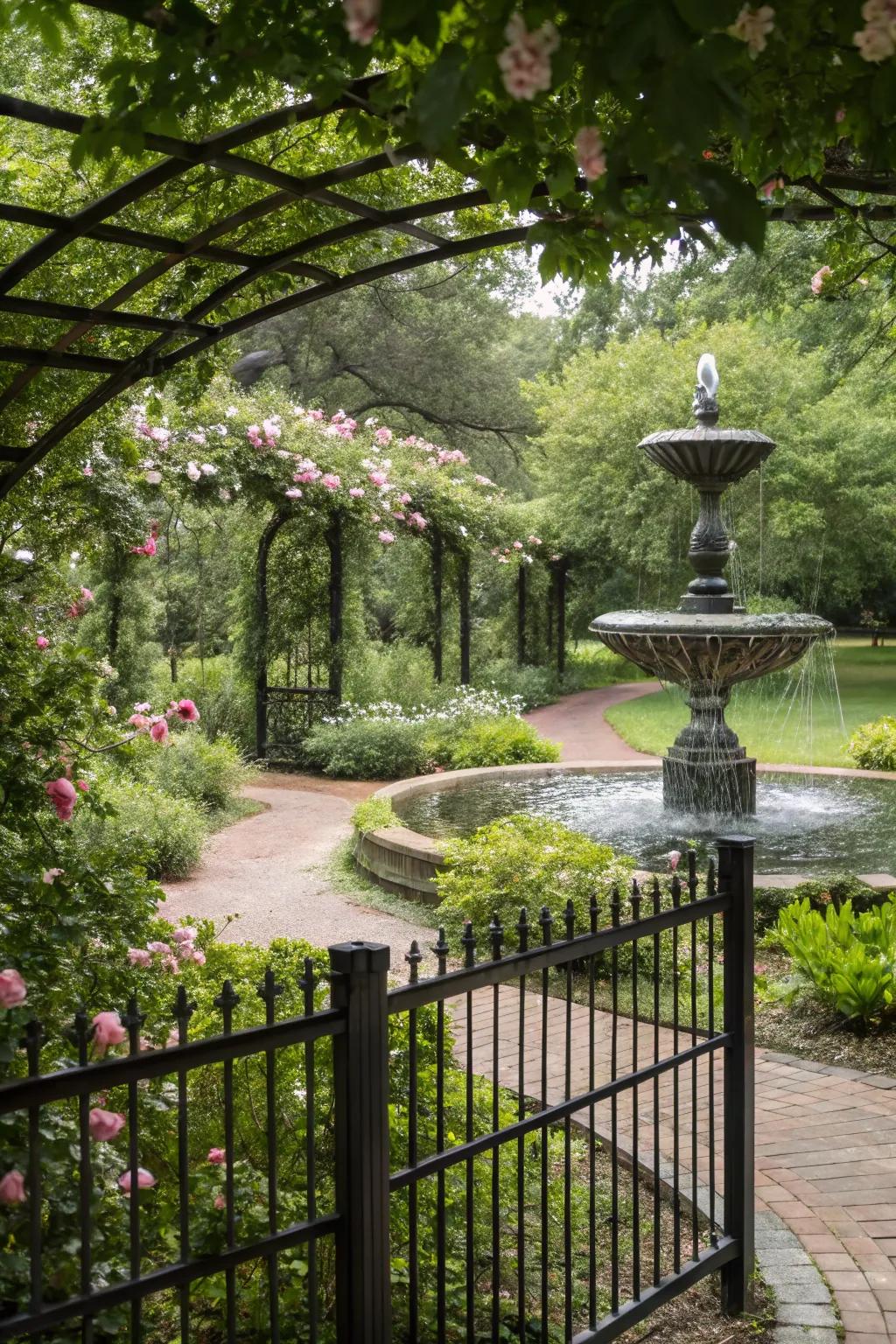 A black fence enhances the serenity of a garden with a water feature.