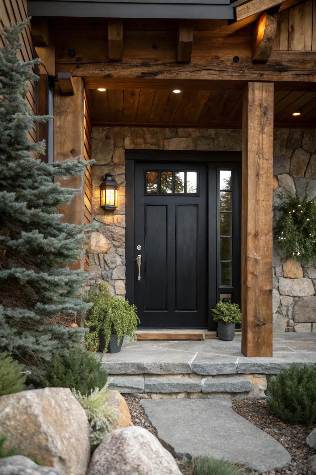 A dark-toned door harmoniously integrated with natural materials.