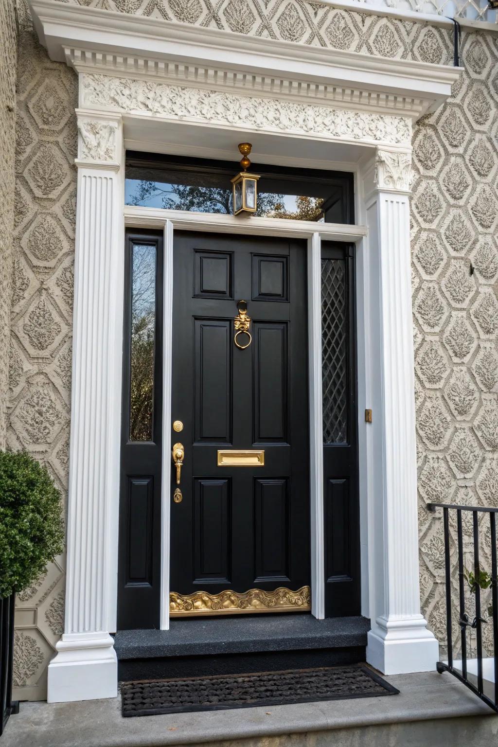Large brass hardware adds a touch of luxury to a black door with white trim.