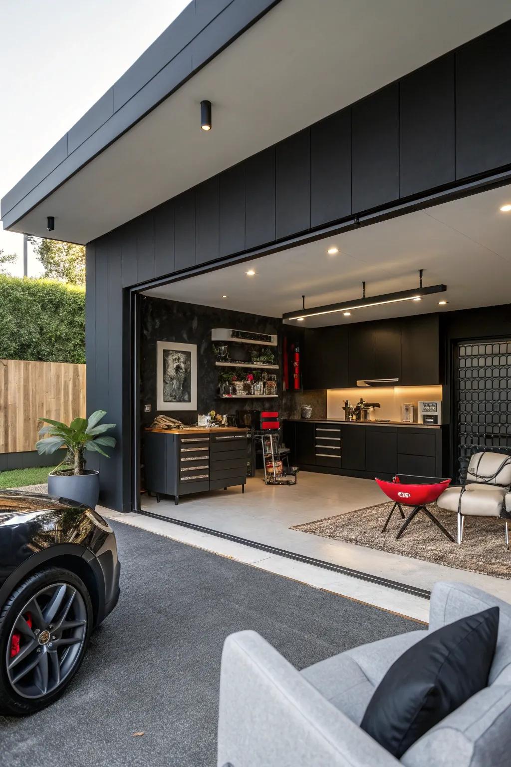 A dark feature wall serves as a striking focal point.