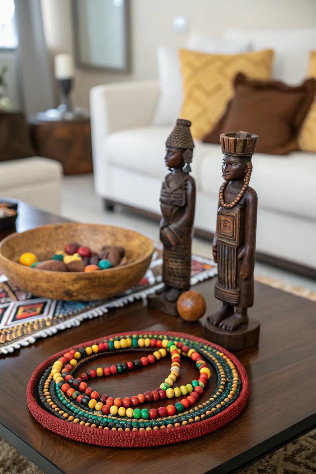 A centerpiece with cultural elements enhances elegance and depth.