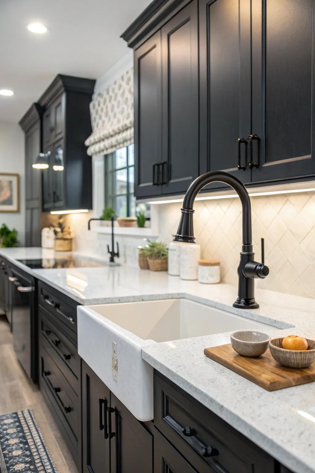 A dark tap is prominent against dark cabinets and light surfaces, creating a dramatic impression.