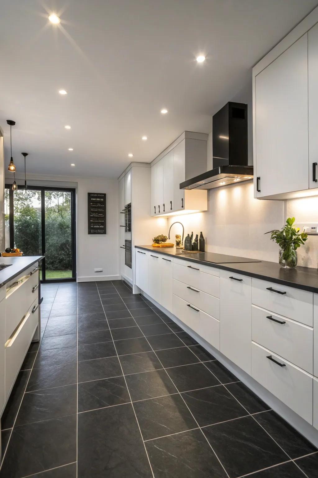 A kitchen elegantly displaying toned ink floor tiles with a subtle layer.