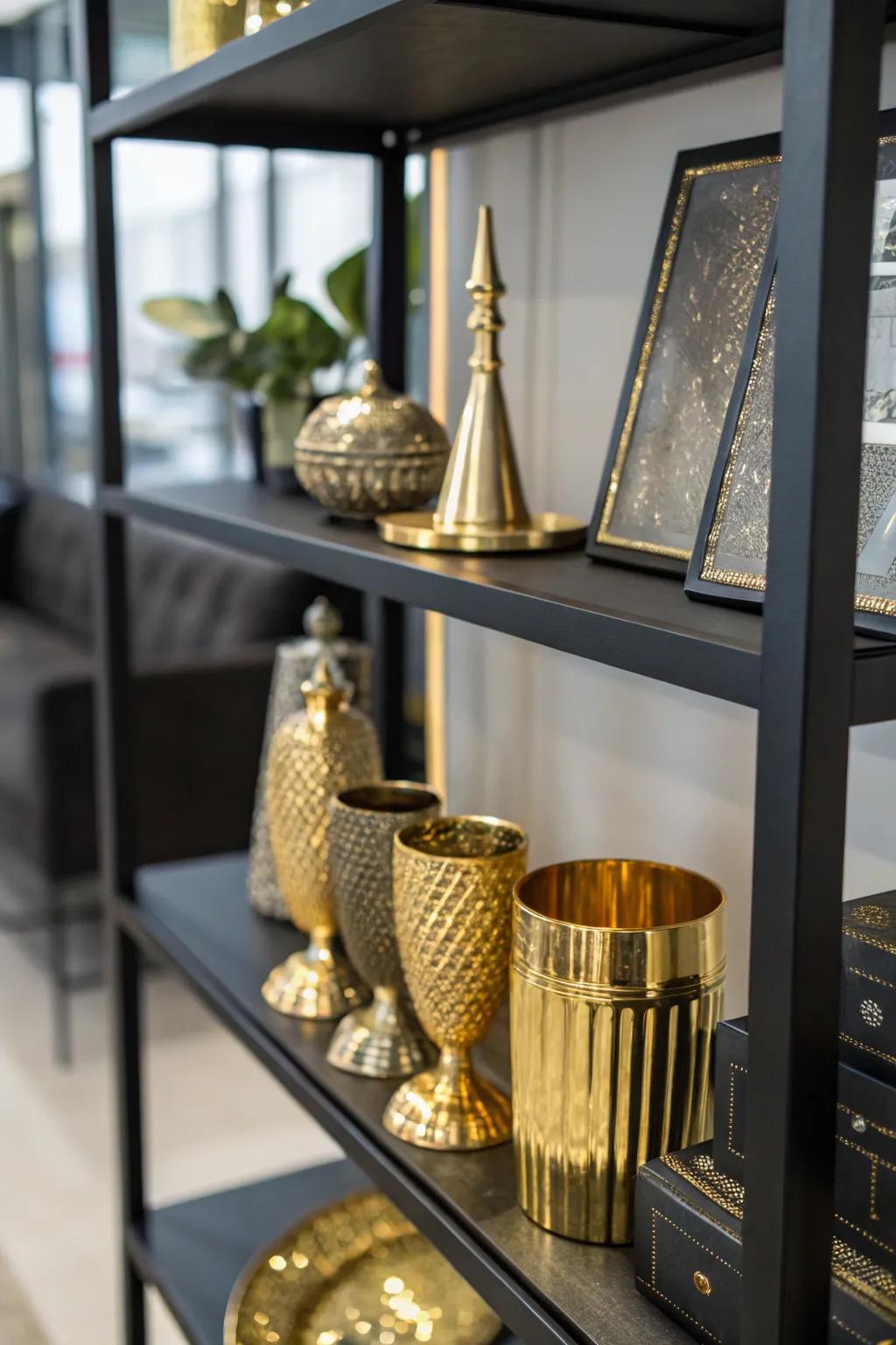Metallic décor elements that add sparkle to a dark shelf.