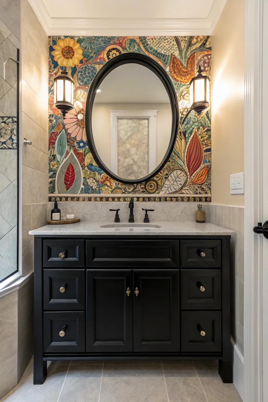 Small tiles create a stunning backdrop for a dark sink cabinet, adding artistic charm.