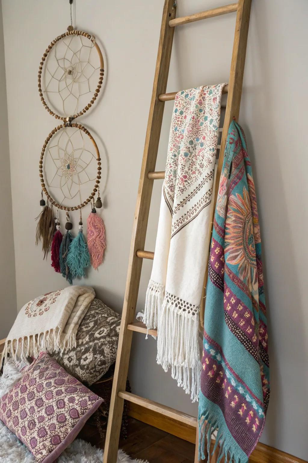 Bohemian elements create a relaxed and artistic feel.