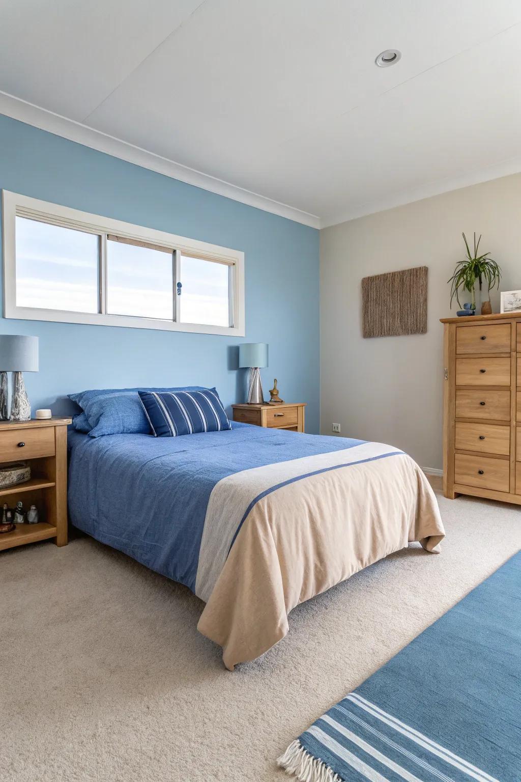 Minimalist decor in azure and beige presents a tidy and peaceful environment.