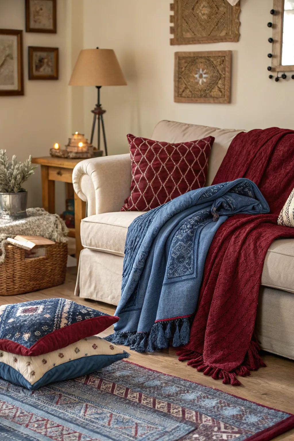 Layered textiles in azure and crimson add depth and warmth.