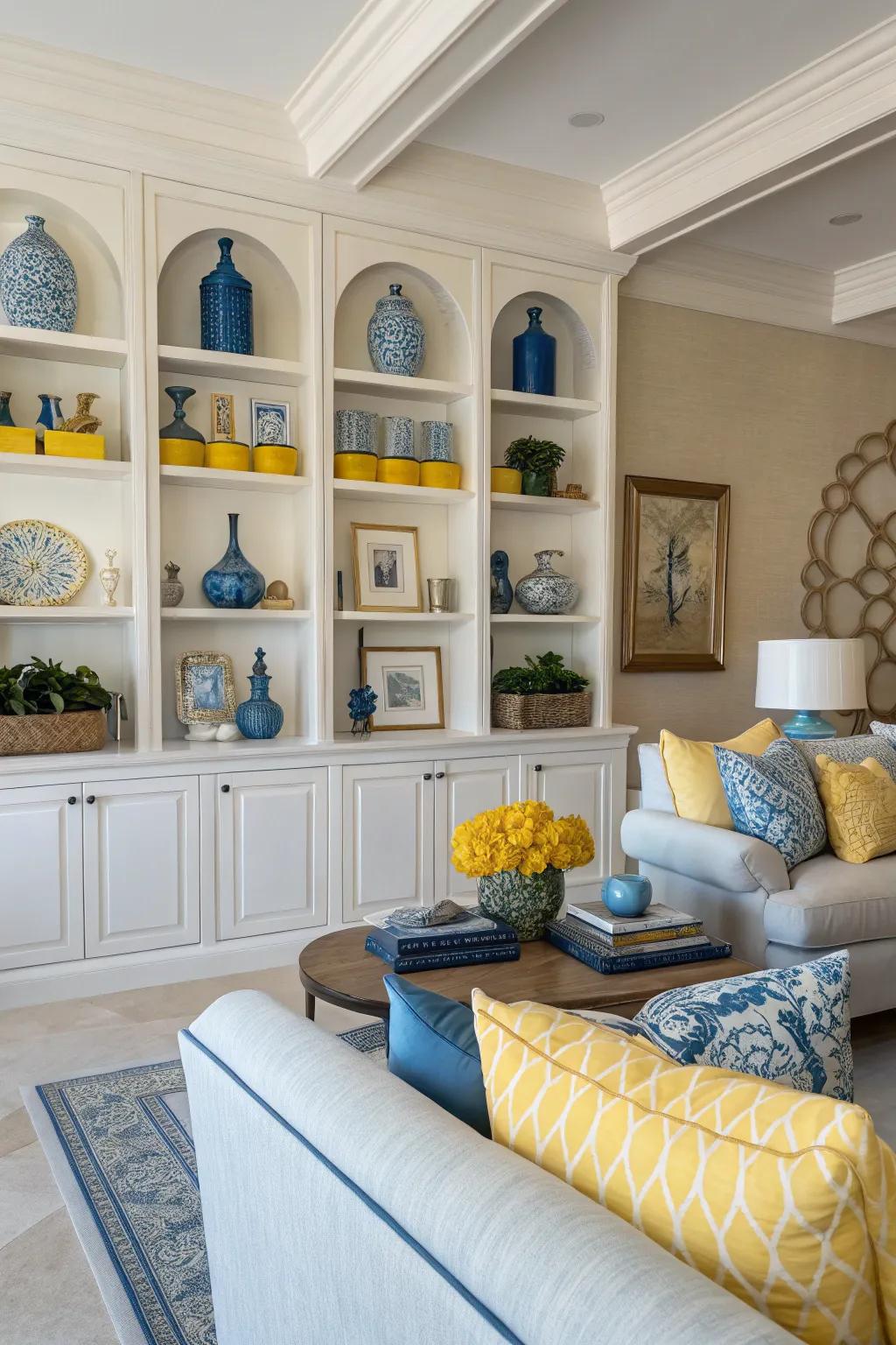 Shelves styled with blue and yellow accessories for an elegant touch.