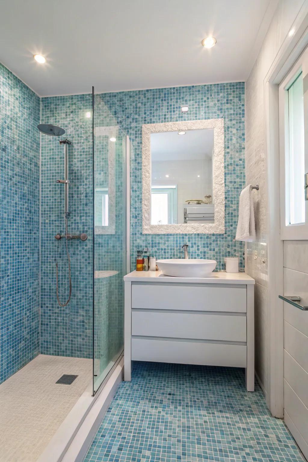 Blue mosaic tiles conjure an artistic and Mediterranean charm.