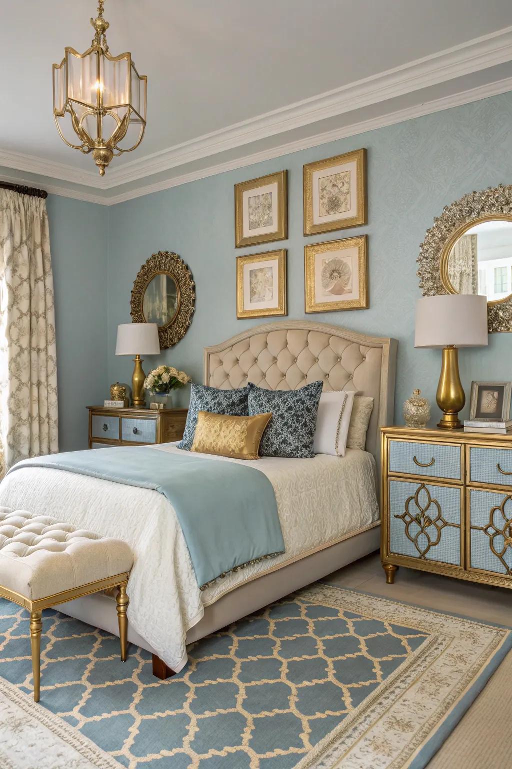 Gilded accents bring warmth to azure tones.