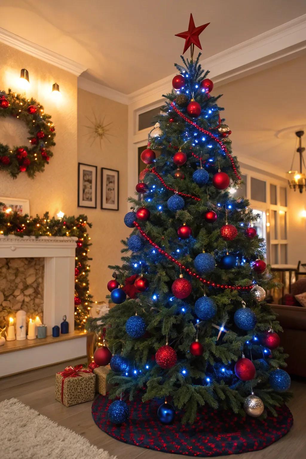 A striking and vibrant azure and crimson Christmas tree.
