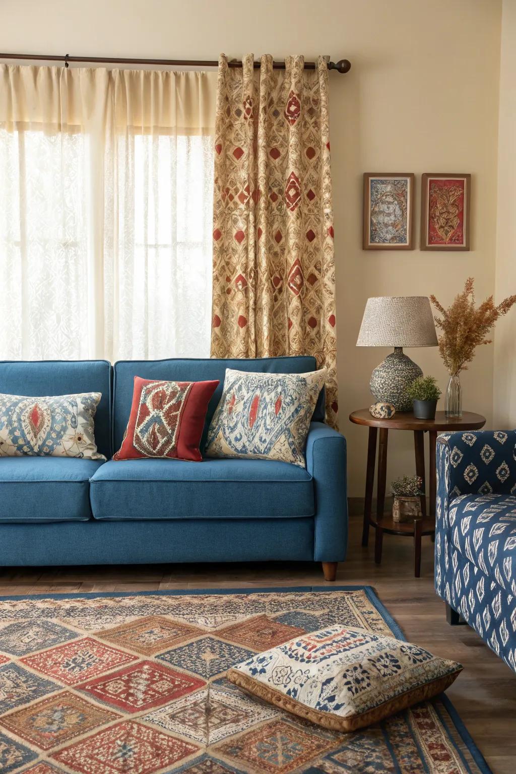 Patterns and designs add vibrant appeal to a blue sofa arrangement.