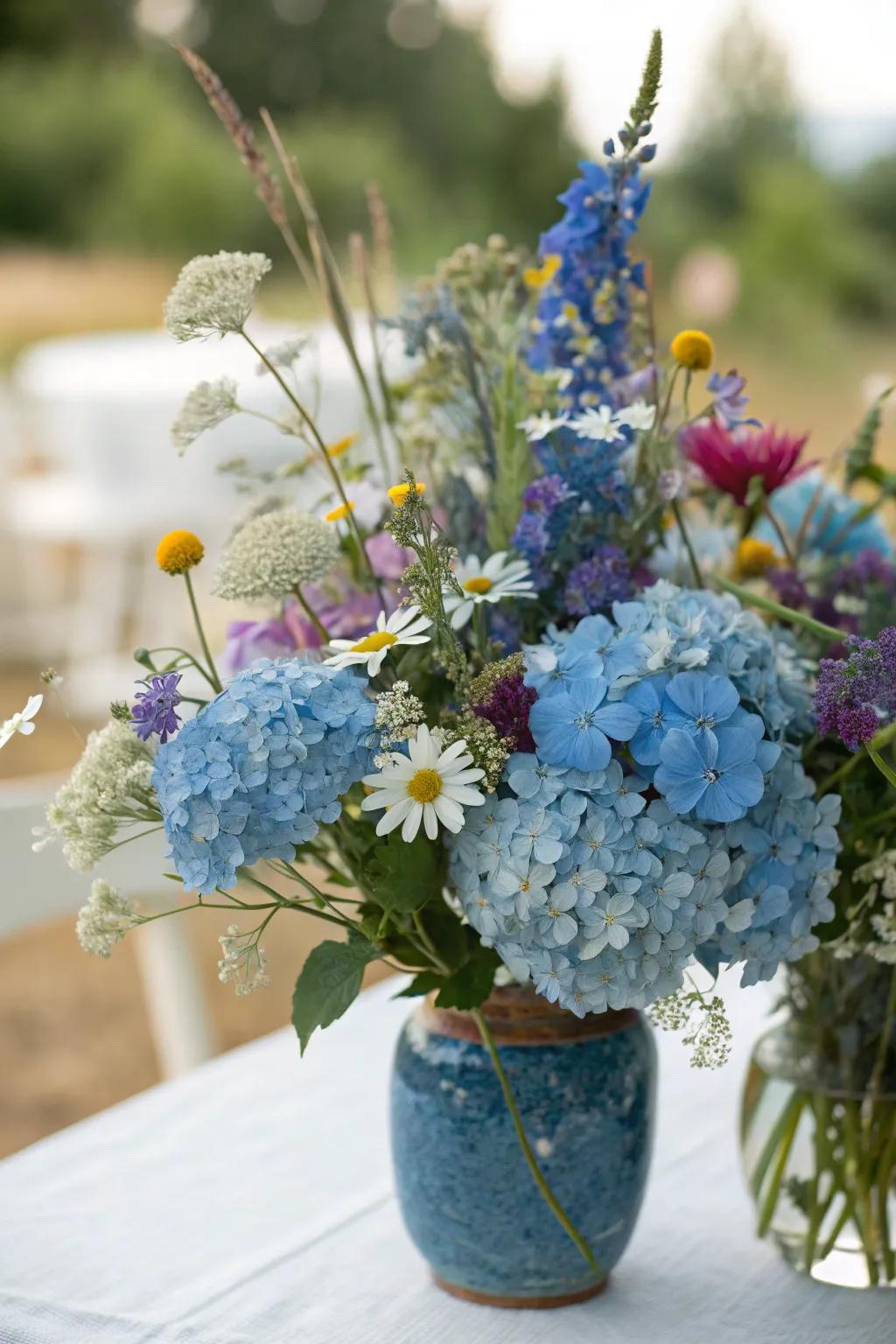 Blue hydrangeas and wildflowers make for a bohemian dream centerpiece.