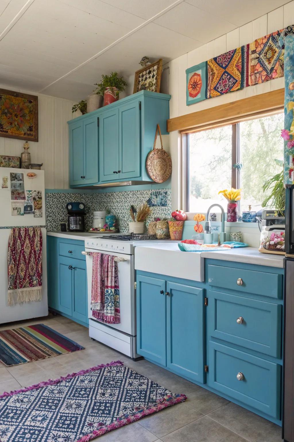 An eclectic mix of blue shades in cabinets creates a vibrant and tailored kitchen space.