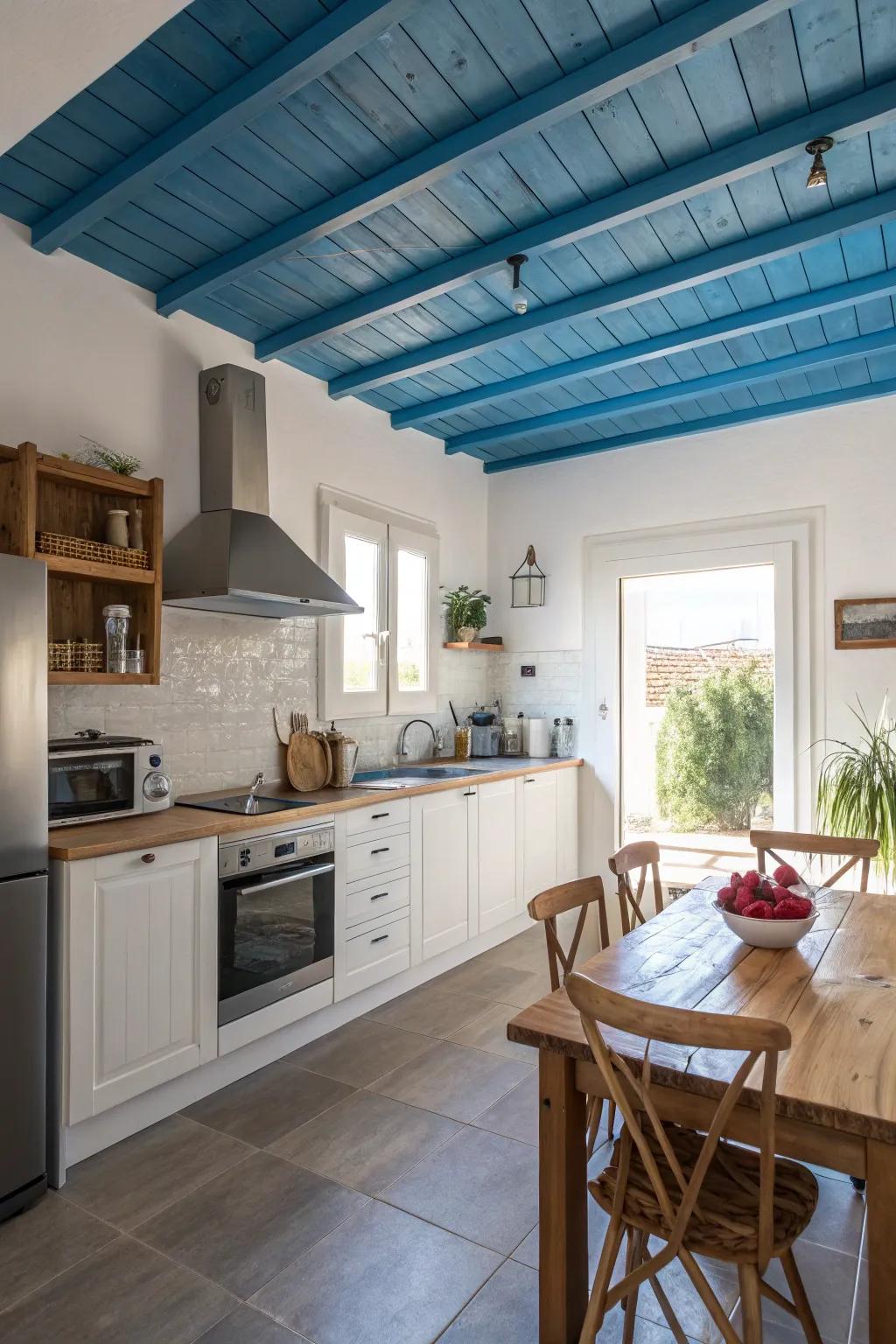 An azure ceiling injects unforeseen dimension into this kitchen.