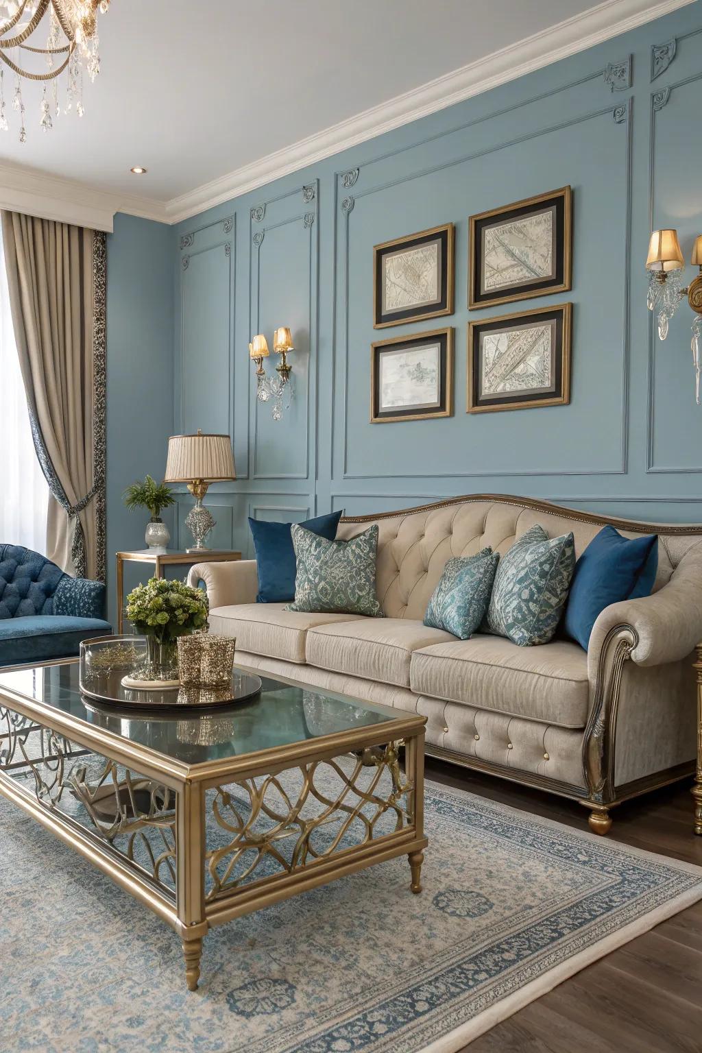 Shiny highlights add a touch of glamour to the blue-themed living room.