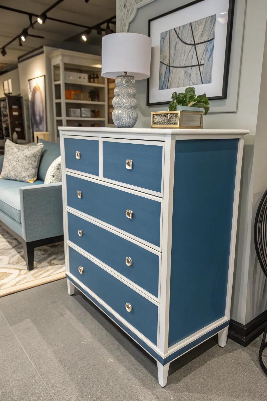 A blue dresser with white details offering a timeless contrast.
