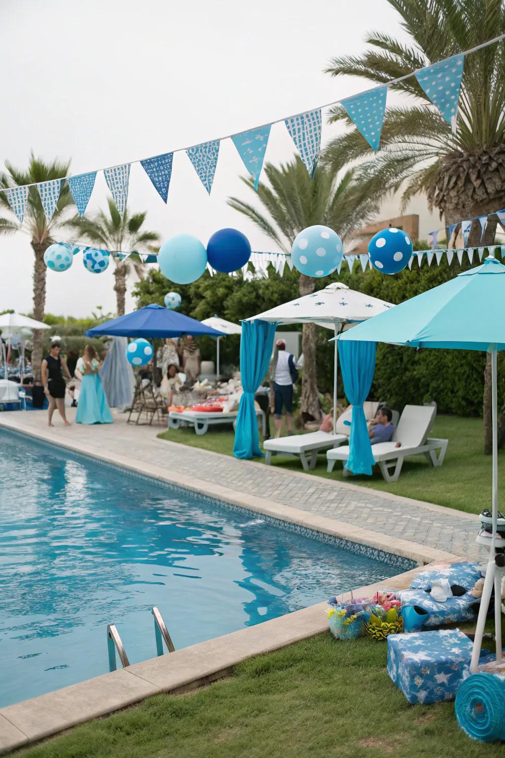 An azure-themed pool gathering arrangement suitable for summertime enjoyment.