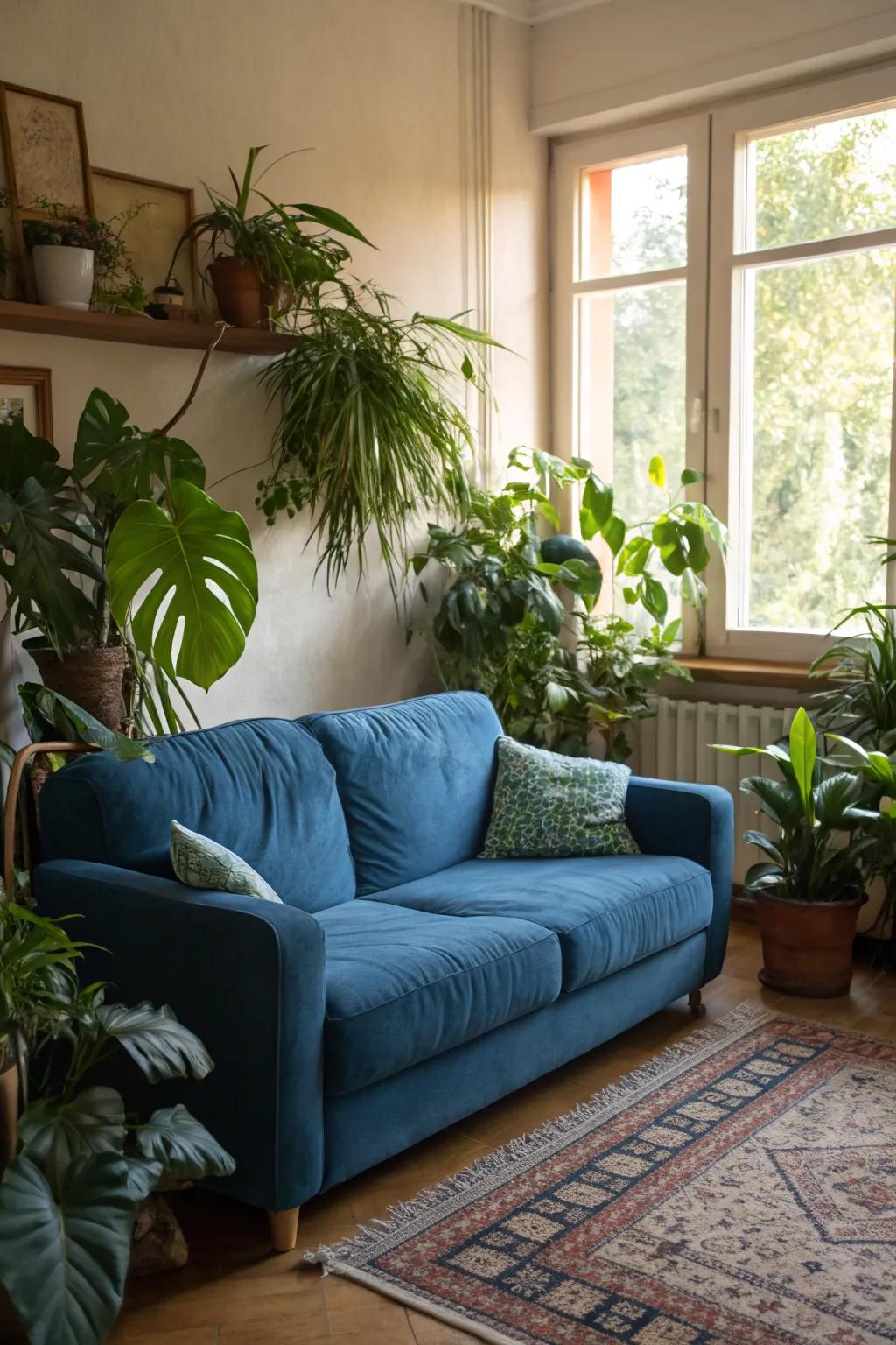 Flora adds a fresh touch to a cerulean couch setup.