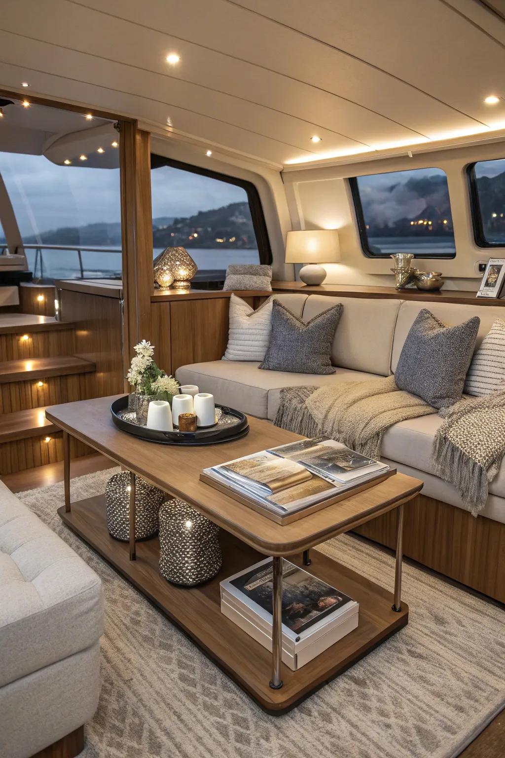 Multi-level coffee table in a stylish boat cabin.