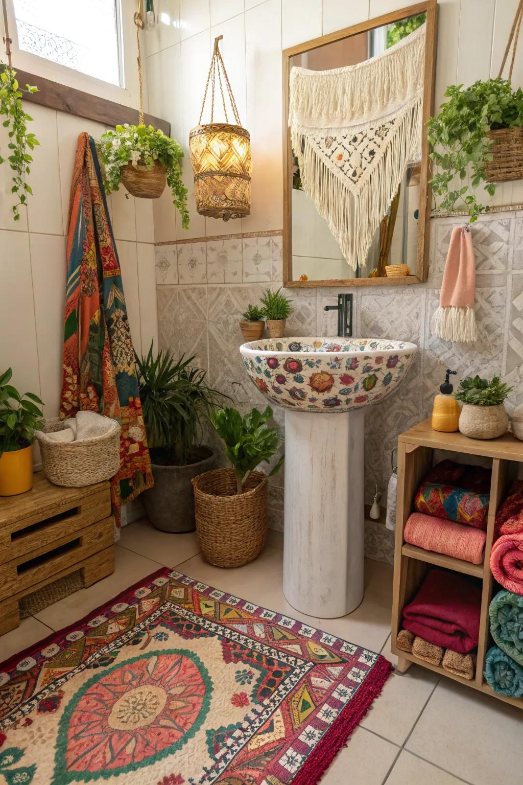 A boho bathroom showcasing a unique sink design.