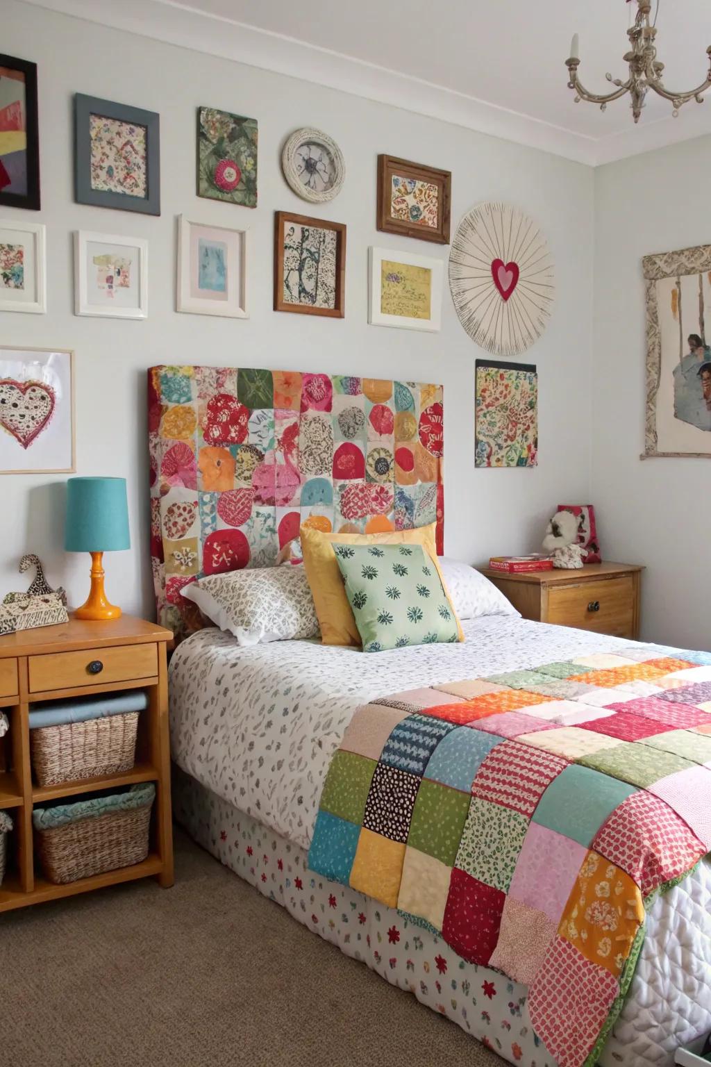 Patchwork fabrics create a symphony of vibrant colors and patterns in this headboard.