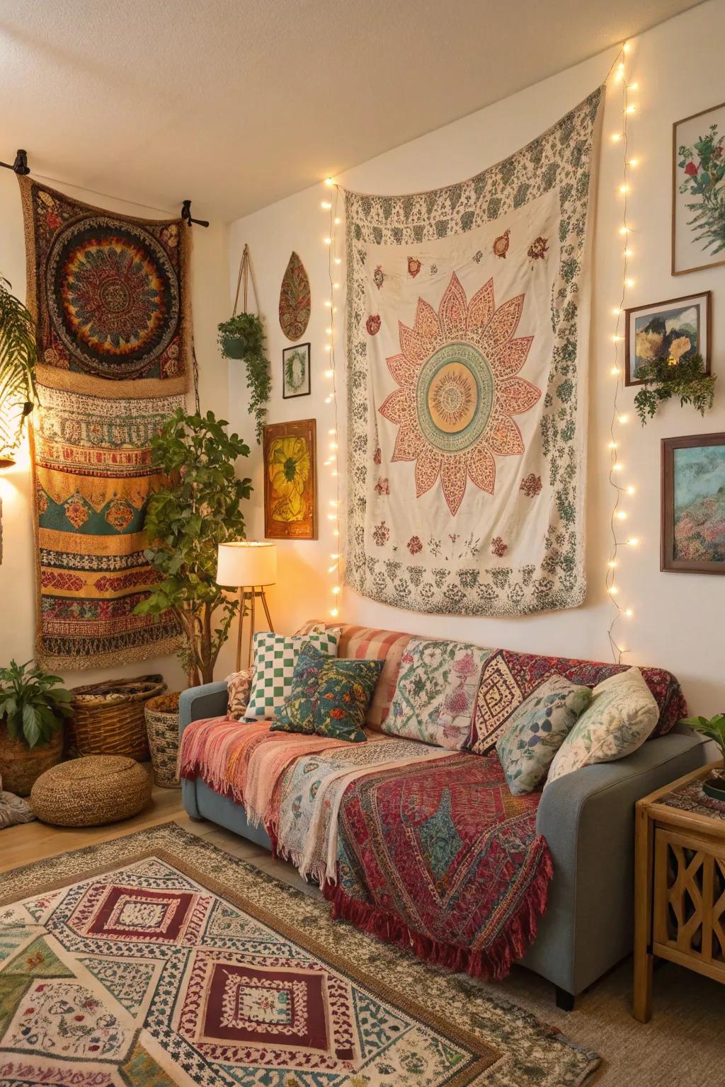 Layered patterns bring vibrancy and depth to a boho room.