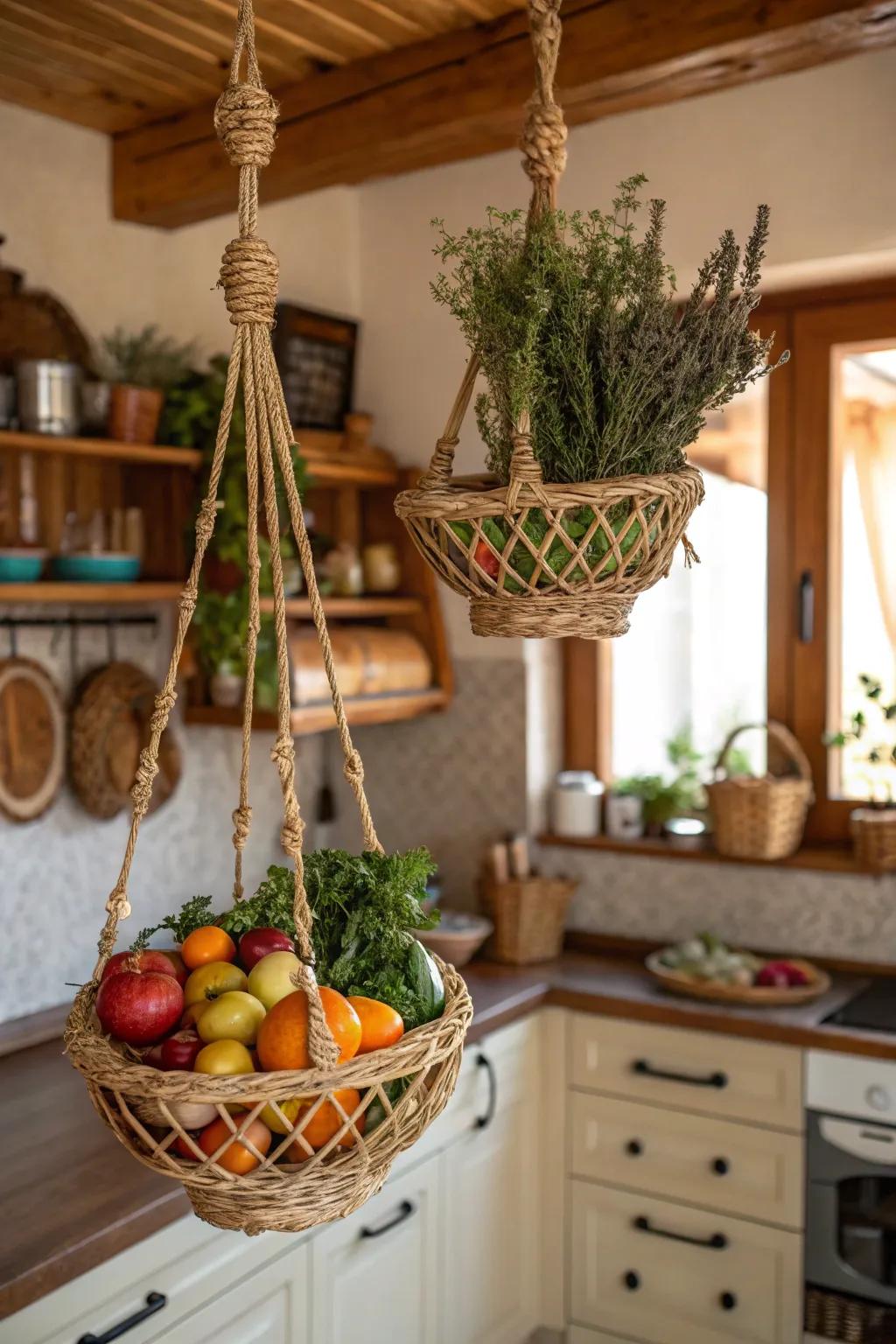 Suspended baskets offer convenient and fashionable storage.