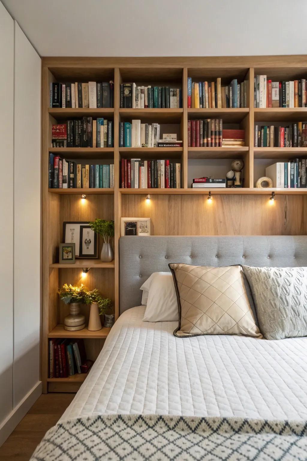 A smart headboard that acts as a bookcase.