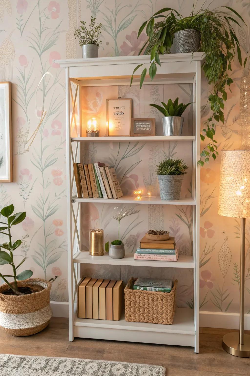 Bookshelf with soft pastel wallpaper for a tranquil reading corner.