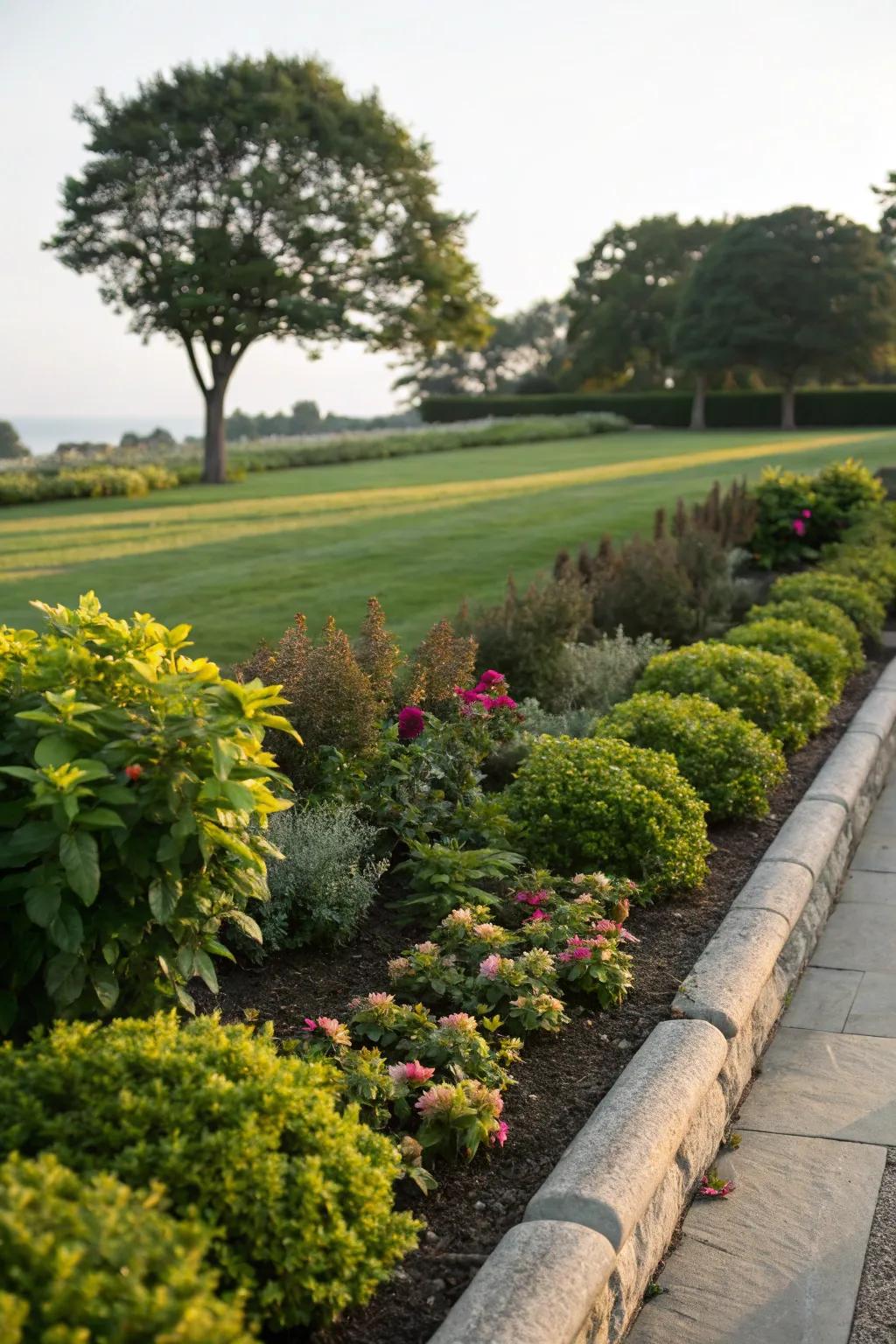 Neat and tidy garden border with low-lying flora.