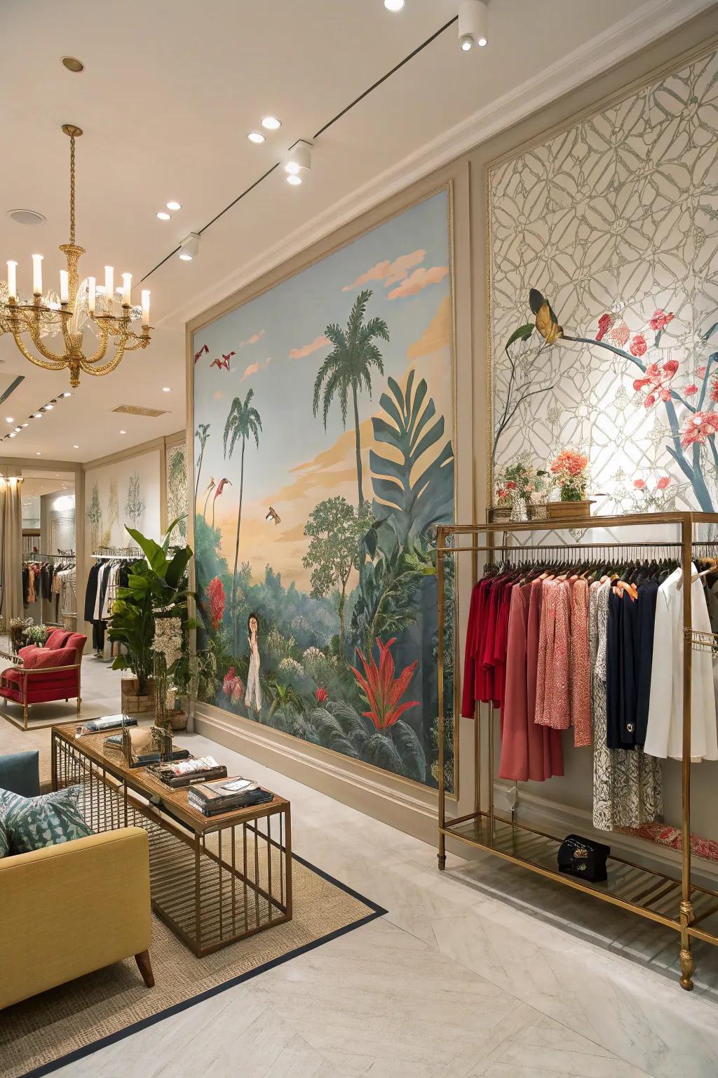 A boutique interior featuring a stunning wall mural, adding depth and visual interest to the space.