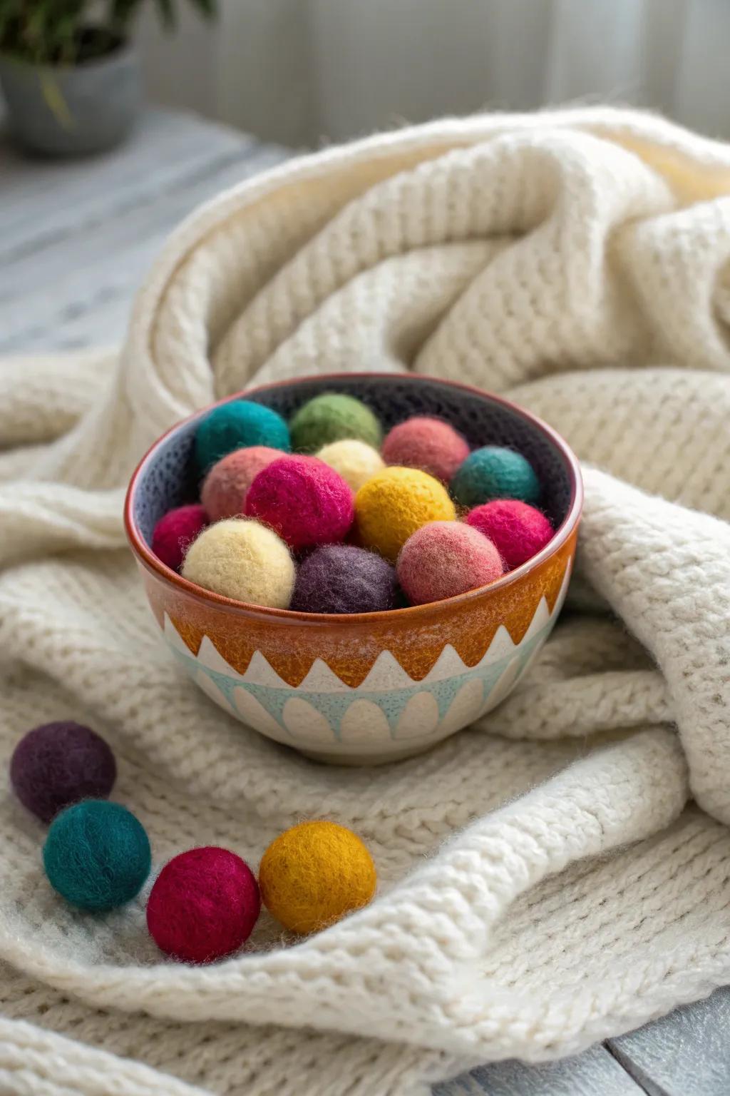 A cozy bowl showcasing cloth balls in different colors