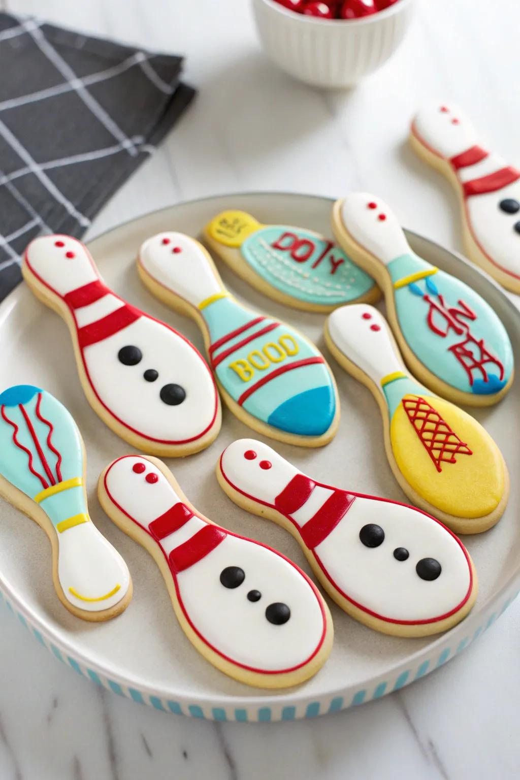 Deliciously embellished palatable bowling pins for a sugary centerpiece.