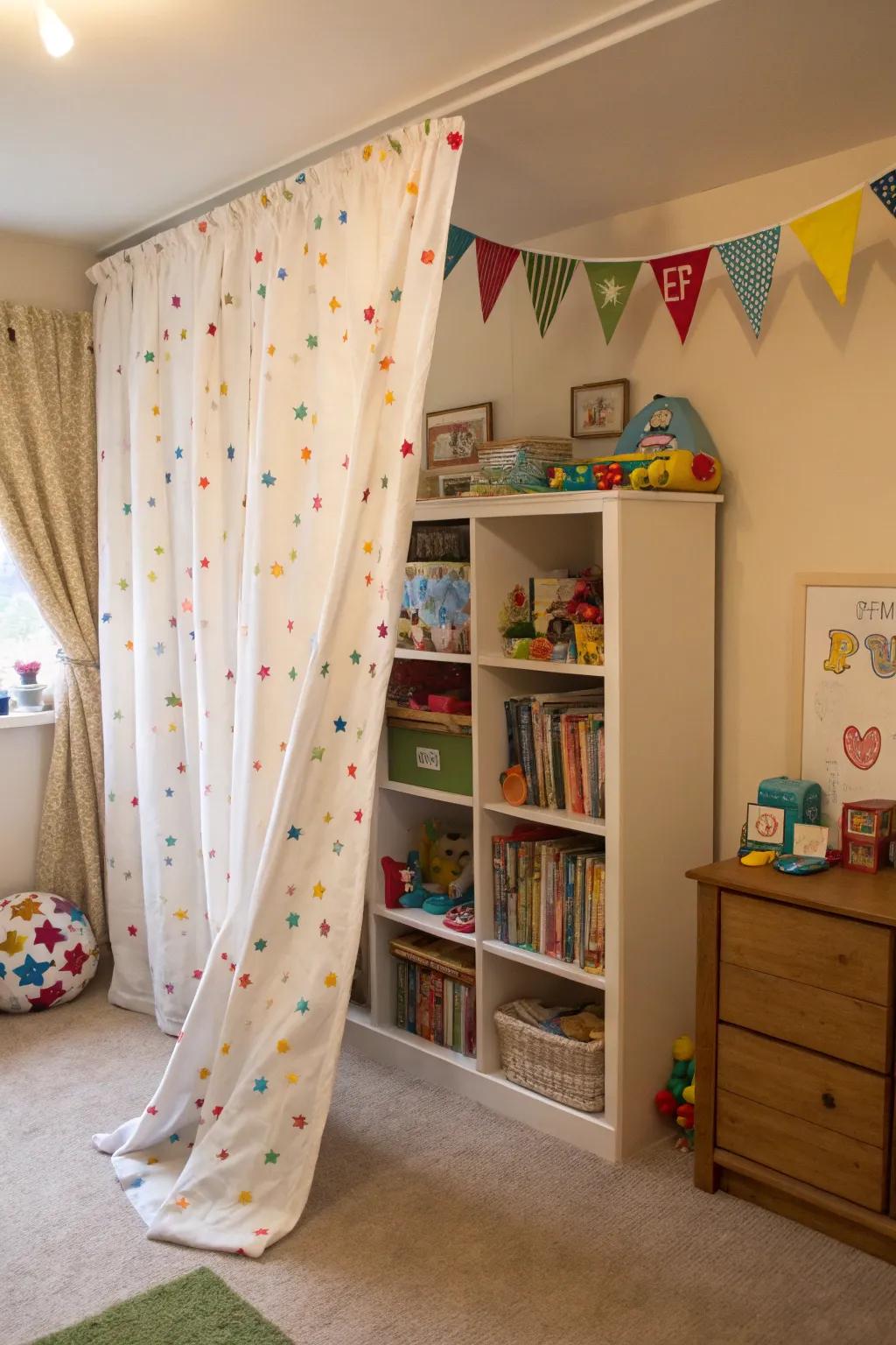 Dividing the room with drapes or bookcases creates personal space.