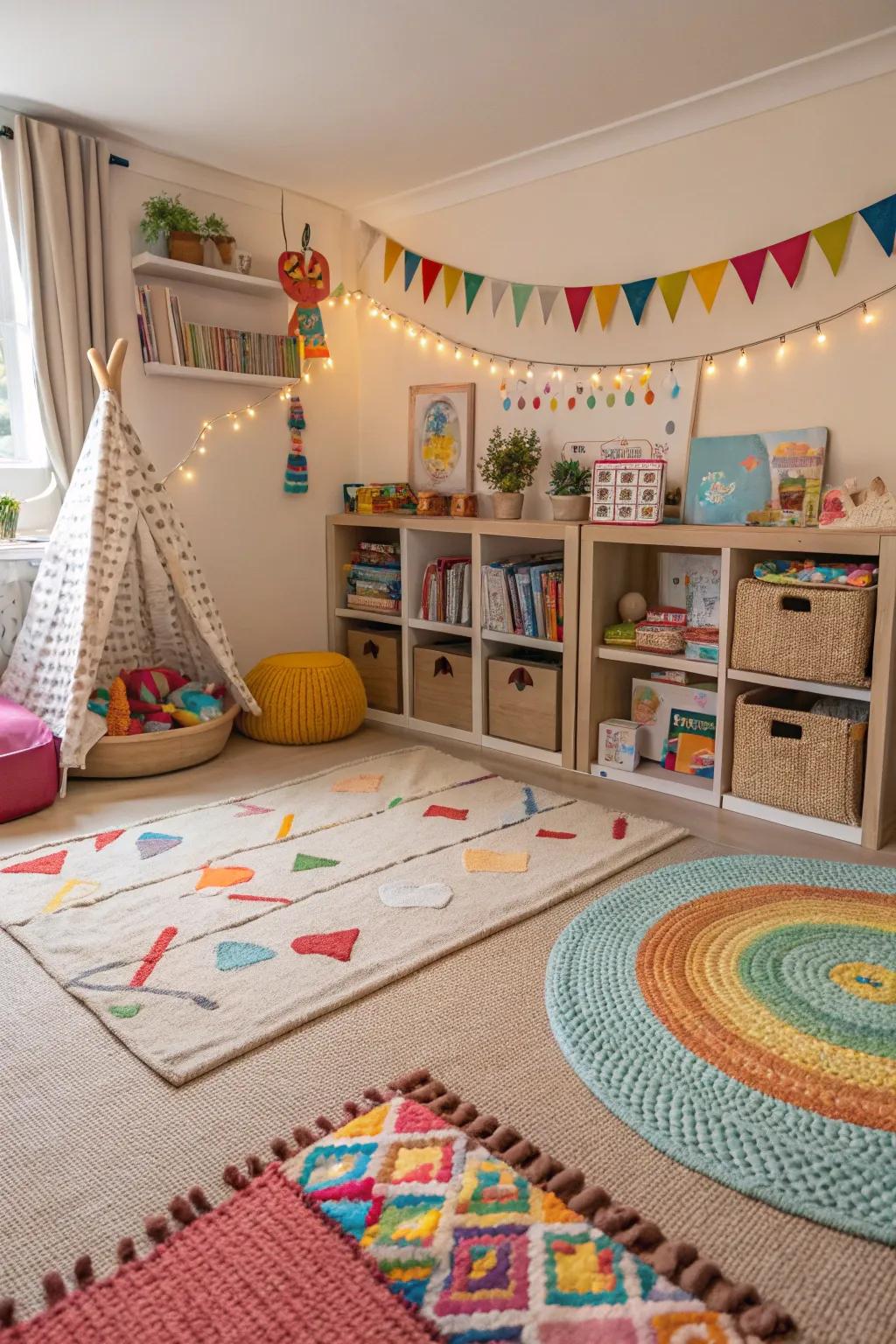 Layered rugs delineate areas and add a cozy touch.