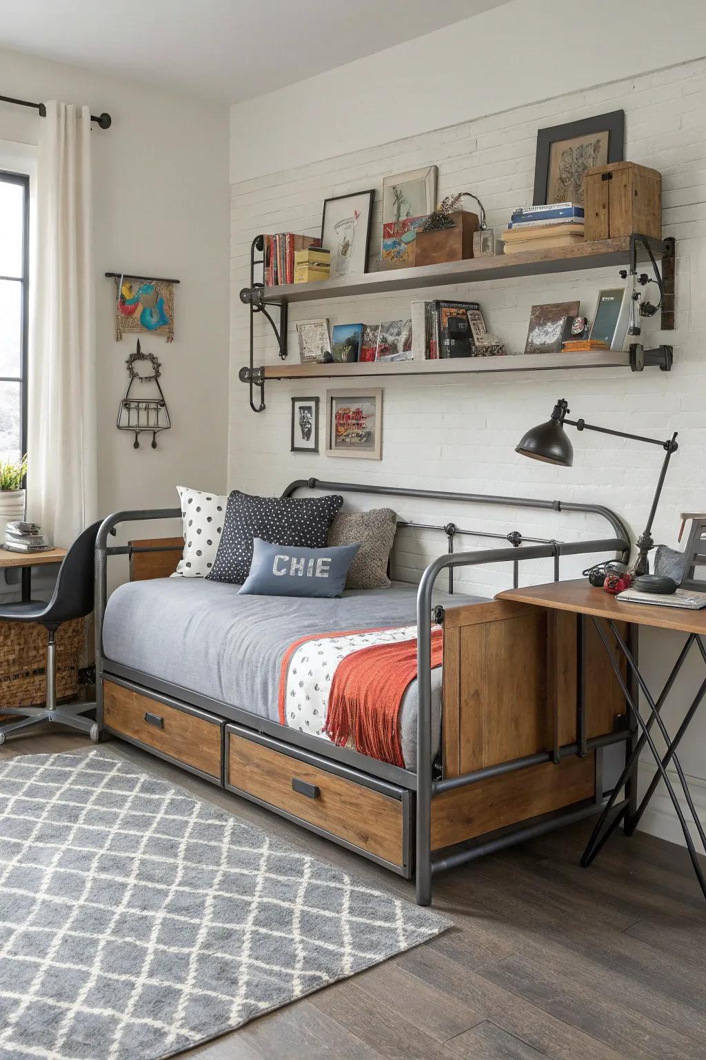 Achieve a rugged and stylish look with an industrial chic daybed.