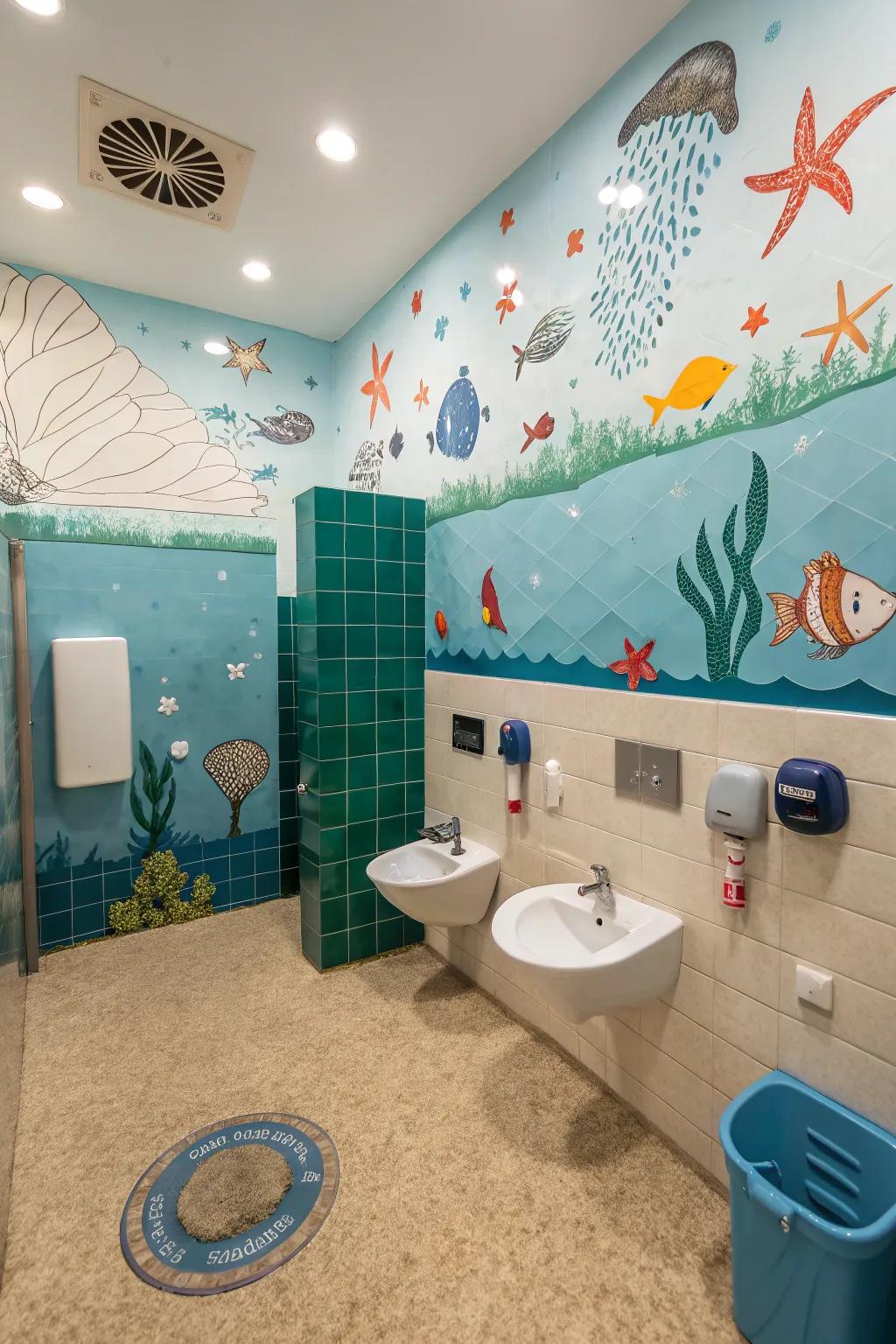 Underwater theme decor sets an adventurous atmosphere in a boys' bathroom.