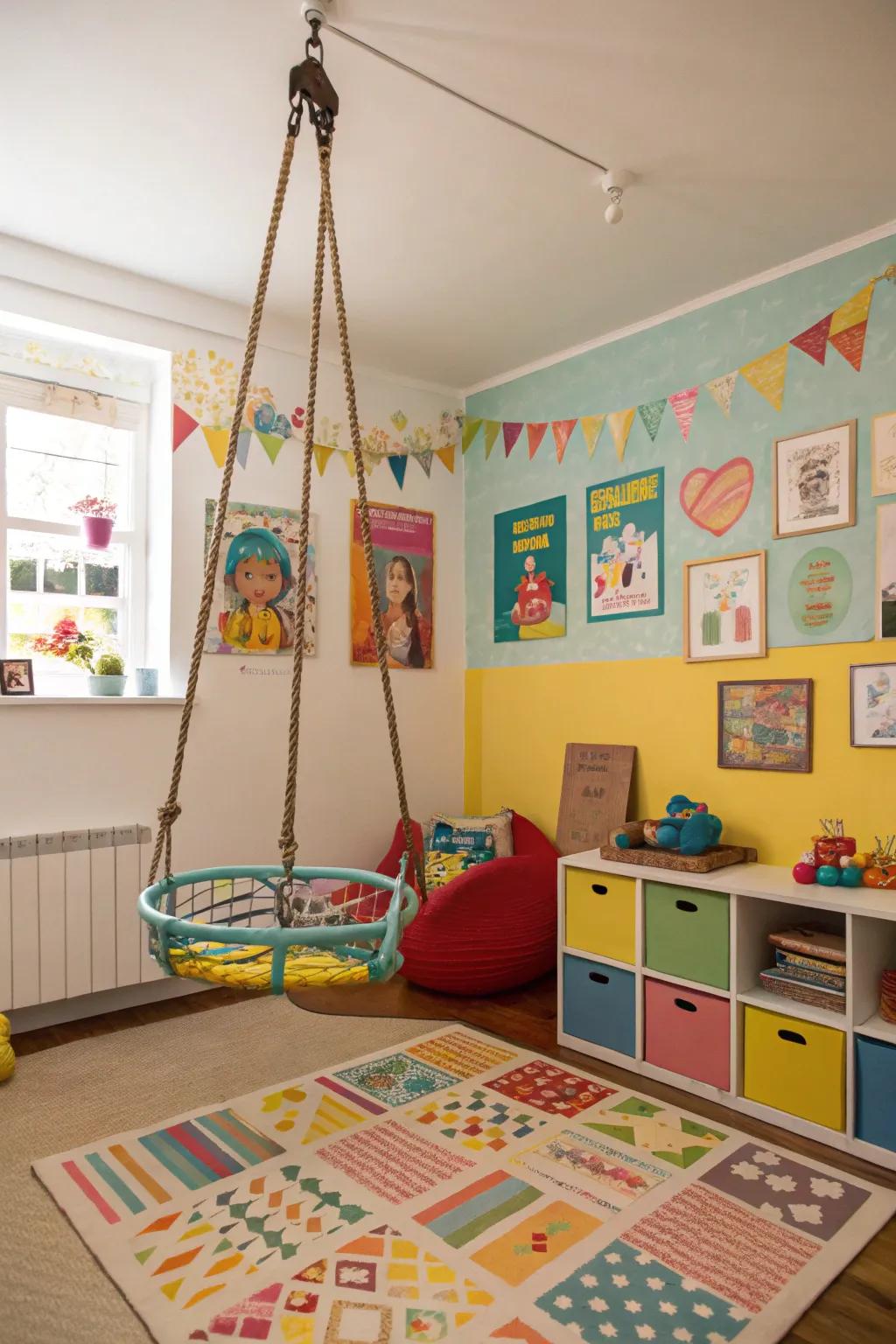 An internal swing appending amusement and repose to the playroom.