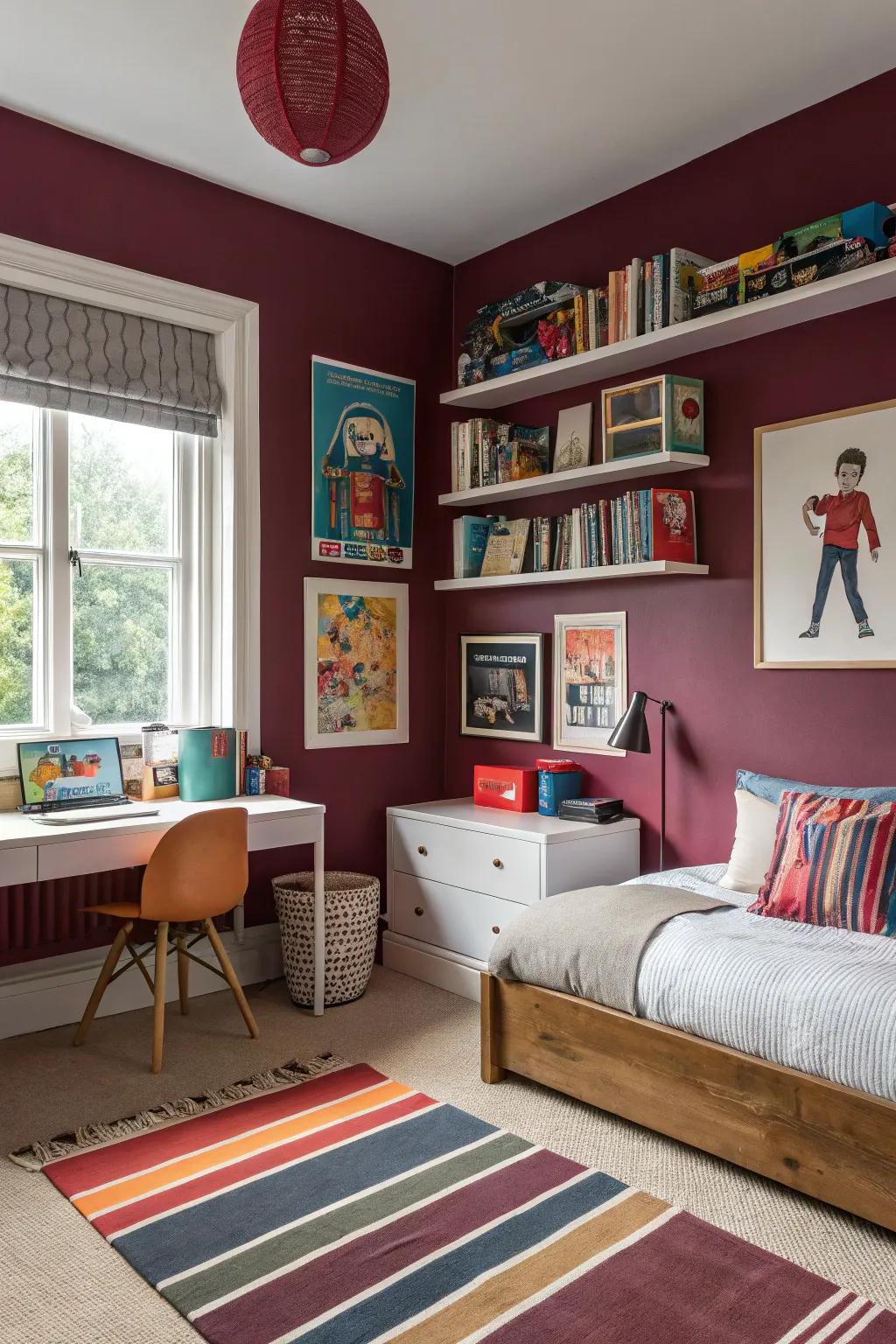 Crimson tones fashion a dynamic and versatile setting.