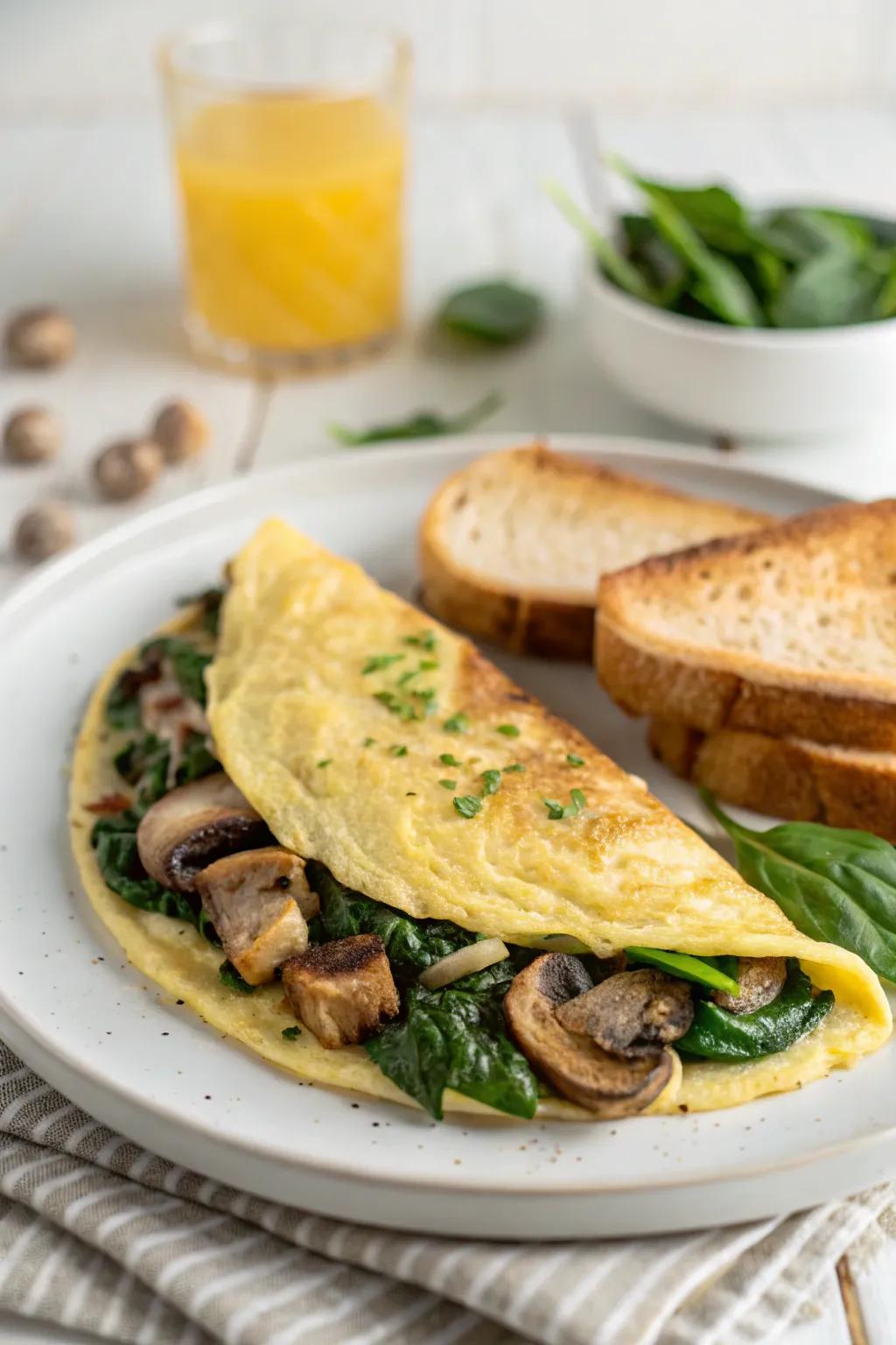 A classic omelet filled with fresh spinach and mushrooms.